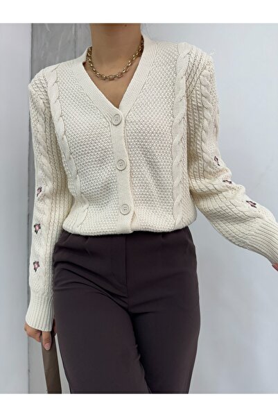Modamorfo Cream Colored Floral Embroidered Knitted Knitwear Cardigan