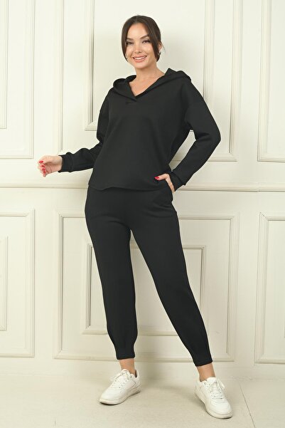 By Saygı Γυναικείο σετ 2 τεμαχίων Scuba Lycra - με κουκούλα, ελαστική μέση, στενό παντελόνι με τσέπες