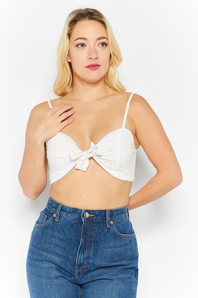 URBAN THREADS Women Tie Neck Sleeveless Striped Crop Top, White