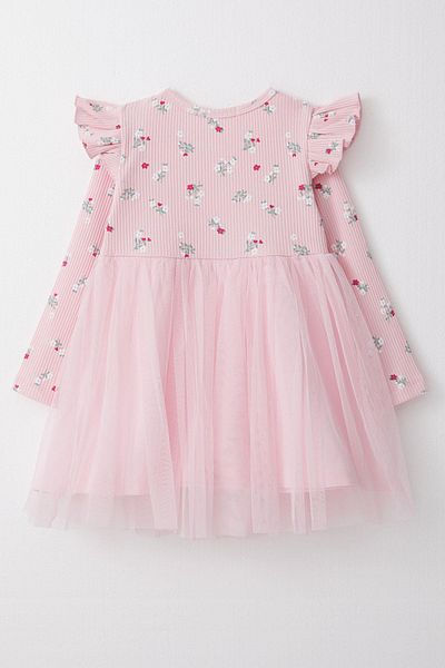 Breeze Pink Girl's Dress - Long Sleeve, Floral Bow, Tulle, 1.5-5 Years