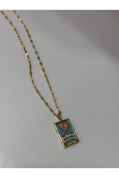 Çelik Gold Tarot Stainless Steel Necklace with Sun and Stone Design
