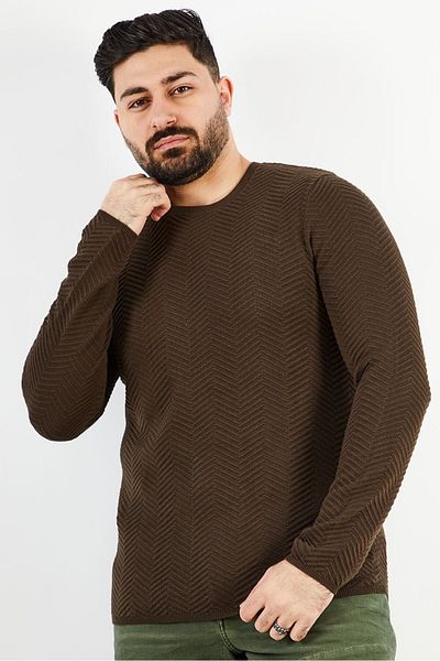 IKKS Men Crew Neck Long Sleeve Textured Sweater, Dark Khaki Brown