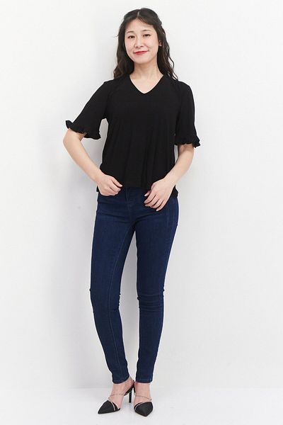 CECE Women V-neck Short Sleeves Plain Top, Black