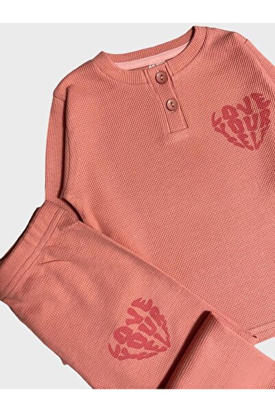 elmas kids Дівчачий бавовняний вафельний комплект піжами з довгими рукавами, оранжевий, з малюнком «Love»