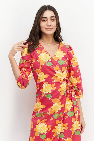 VILA Women Allover Print Midi Dress, Pink Combo
