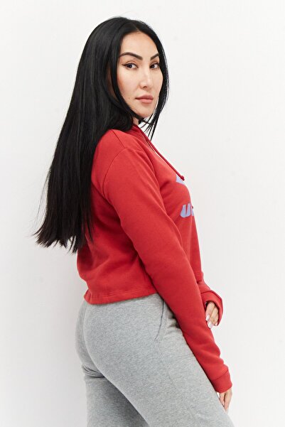 UMBRO Women Hooded Neck Graphic Printed Cropped Sweatshirt, Red Combo