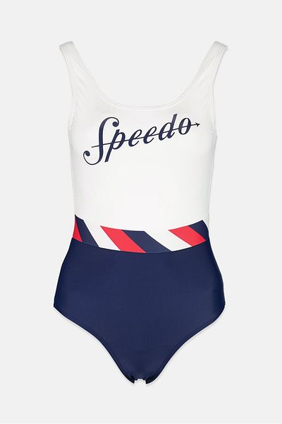 SPEEDO Women One Piece Graphic Print Swimsuit, White and Navy