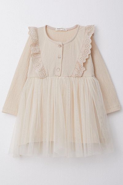 Breeze Beige Colored Girl's Long Sleeve Laced Dress - 1.5-5 Years