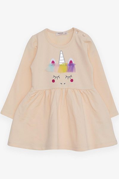 Breeze 1.5-5 Years Old Girl's Embroidered Unicorn Tulle Long Sleeve Dress - Cream