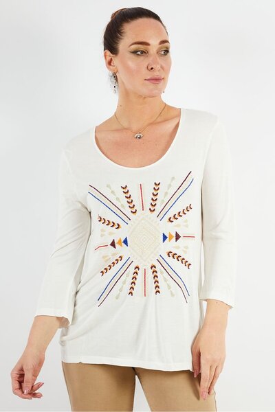 ONE STEP Women Scoop Neck Long Sleeve Embellished Top, White Combo