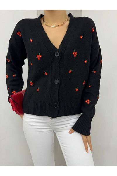 Modamorfo Spread Floral Embroidered Knitwear Cardigan - Black