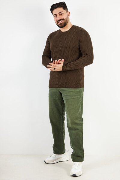 IKKS Men Crew Neck Long Sleeve Textured Sweater, Dark Khaki Brown