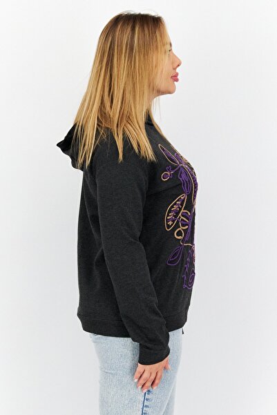 comma Women Hooded Long Sleeves Embroidered Sweatshirts, Black