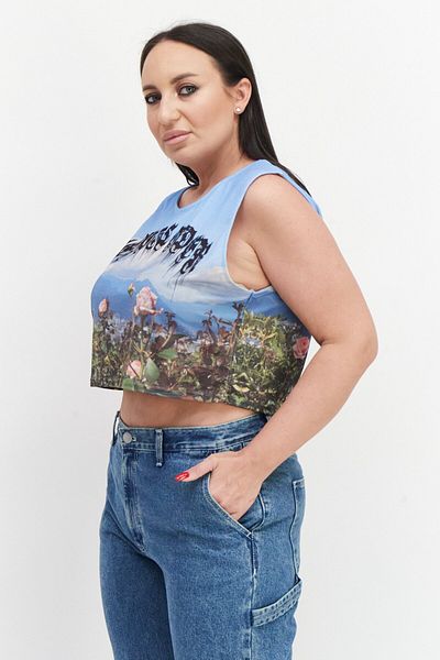 NEW girl ORDER Women Curvy Round Neck Sleeveless Graphic Print Crop Top, Blue