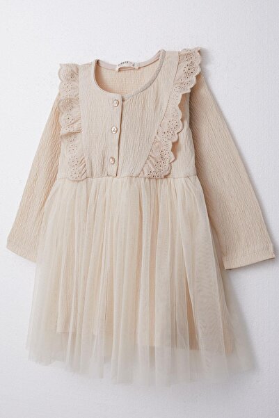Breeze Kız Çocuk Uzun Kollu Elbise Güpürlü Düğmeli 1.5-5 Yaş, Bej