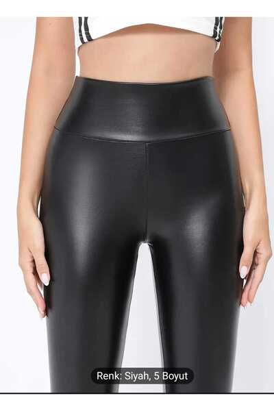ÇEÇEN HOME Büyük Beden Yüksek Bel Suni Deri Tayt - Esnek, Fitness & Yoga için...
