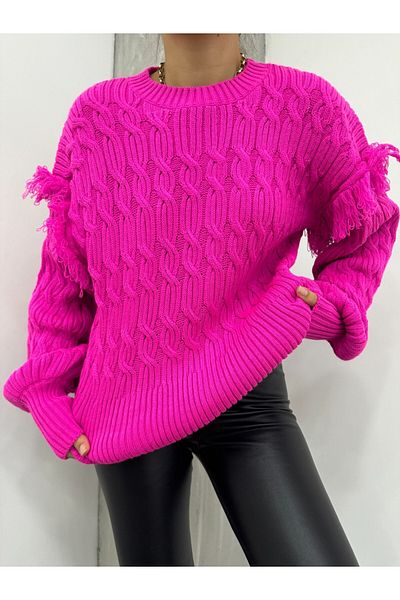 Modamorfo Balloon Sleeve Tasseled Knitwear Sweater -Fuchsia