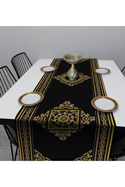 Razz Moda ALTIN RENK BORDUR DESENLİ SİYAH RUNNER DİJİTAL BASKILI PETEK KUMAŞ ...