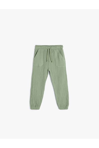 Koton Muslin Fabric Jogger Pants - Textured with Pocket Detail and Elastic Waist