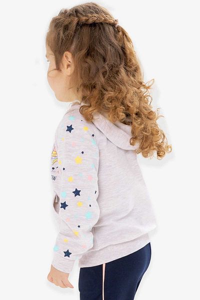 Breeze Beige Melange Girl's Cardigan - Patterned Printed Sleeves, 1-4 Years
