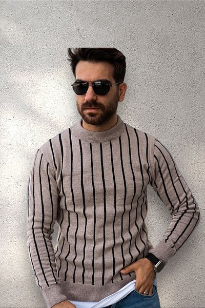 BİRBEYSTORE Men's Striped Knitwear Sweater Model