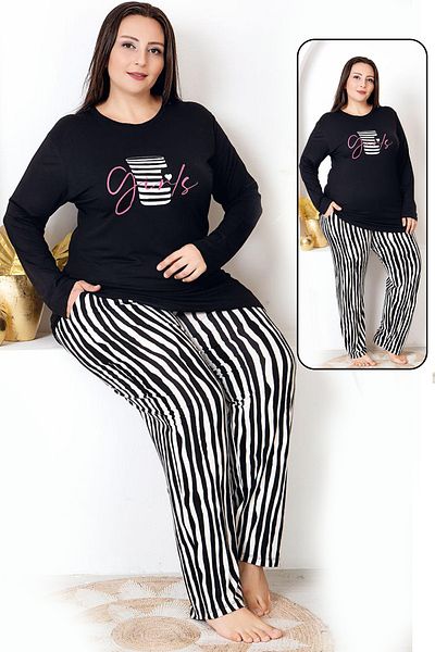 Jenny Daphne Long Sleeve Crew Neck Top and Nail Pattern Bottom Plus Size Viscose Fabric Pajamas Set 11398