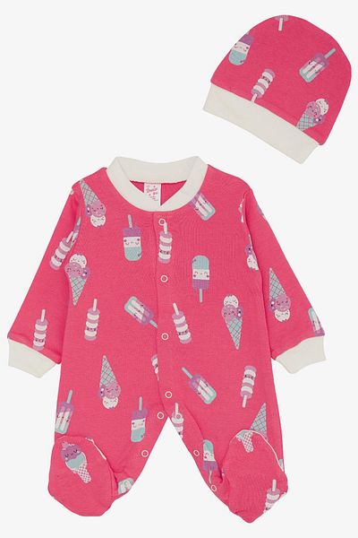 Breeze Fuchsia Baby Girl Jumpsuit - Ice Cream Pattern, 0-6 Months