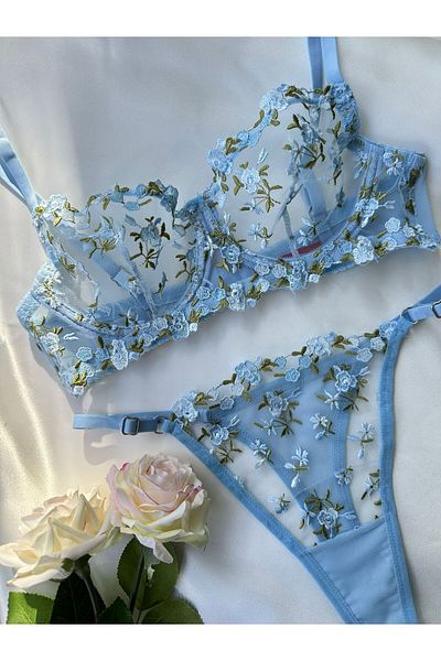 dem merys Baby Blue Floral Underwire Bra Set