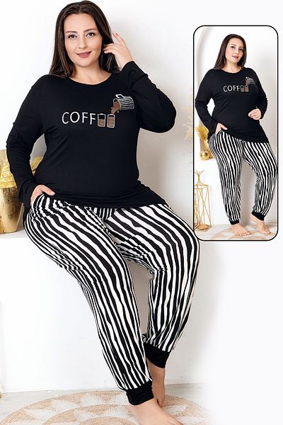 Jenny Daphne Long Sleeve Crew Neck Top and Stripe Elastic Legs Plus Size Viscose Fabric Pajamas Set 11402