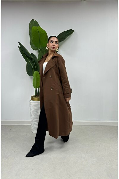 Swana Arka Yırtmaç Detaylı Torino Kumas  Trenc 120cm -Kahverengi