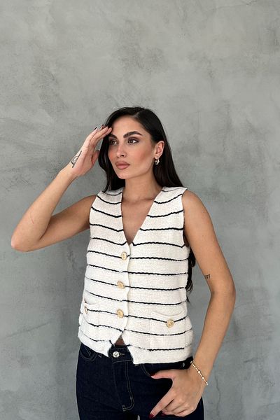 Seda Yalçın Atelier إكرو الأزرق الداكن مخطط الذهب زر سترة تريكو