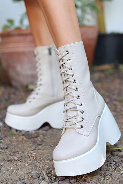 Lizzu Γυναικείες μπότες Zina Beige - Wedge Heel και Lace Up