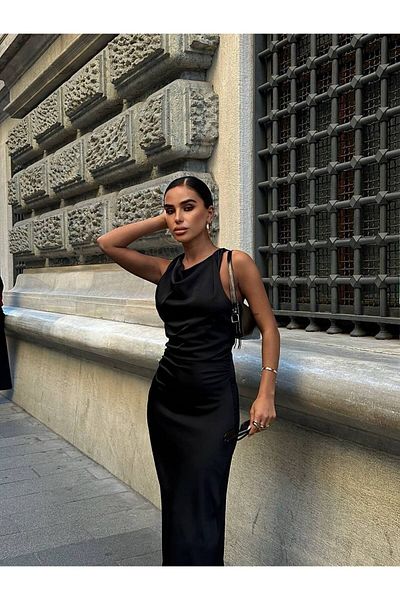 OlaLady Γυναικείο σατέν φόρεμα με μακρύ γιακά με δαντέλα