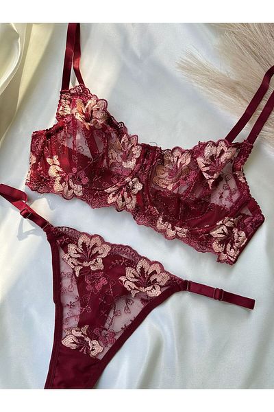 dem merys Burgundy Floral Underwire Bra Set