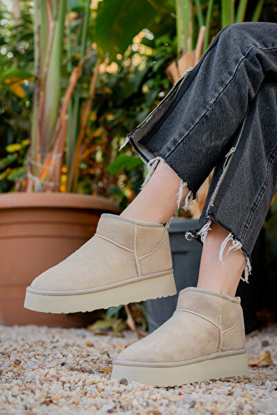 Freemax Beige Women's Mini Boots - Full Fur, Lightweight High Sole