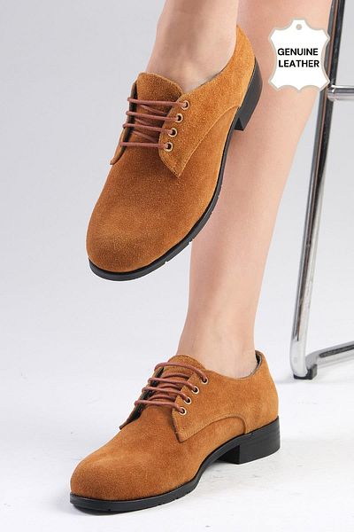 Mio Gusto Ginger Genuine Suede Tan Oxford Women's Flat Shoes