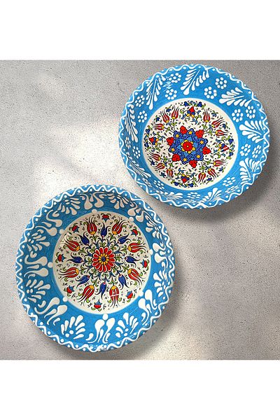Salizera Kutahya Series 2 Pieces 12 cm Diameter Tile Motif Ceramic Handmade Bowl Stone