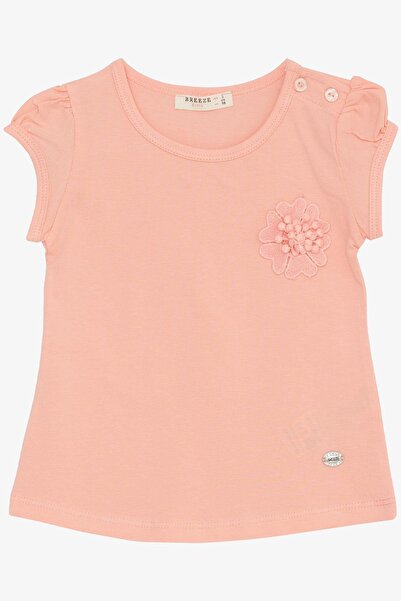 Breeze 9-3 Years Baby Girl Flower Embroidered T-Shirt - Salmon