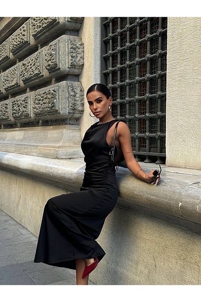 OlaLady Γυναικείο σατέν φόρεμα με μακρύ γιακά με δαντέλα