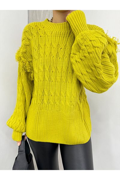 Modamorfo Balloon Sleeve Tasseled Knitwear Sweater - Oil Green