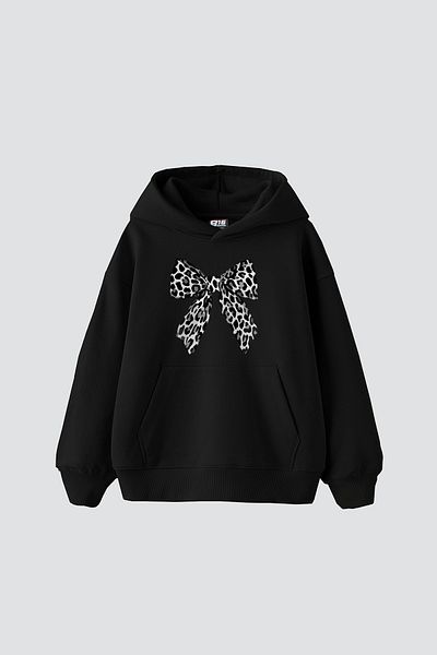 Bak Moda Hanorac negru premium unisex oversize cu imprimeu leopard V2 Bow