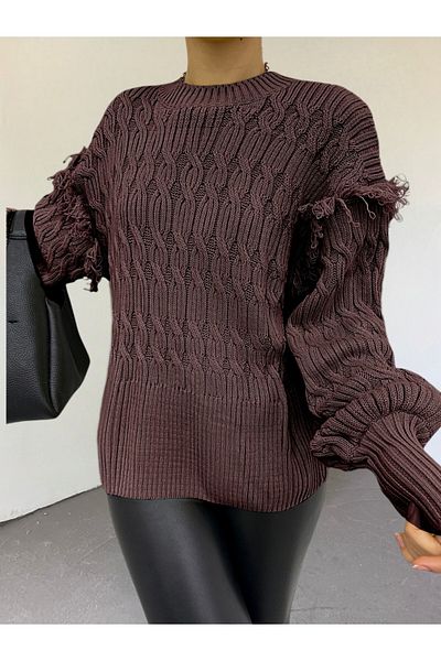 Modamorfo Sweter z dzianiny z rękawami typu balon i frędzlami - brązowy