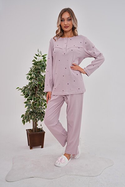 Mecit Pijama Set de pijamale pentru femei, 100% bumbac, cu mânecă lungă, cu guler cu nasturi