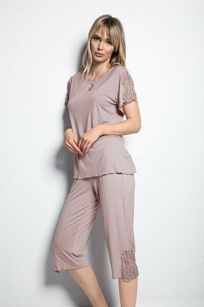 MONAMİSE Monamise 19180b Mink Short Sleeve Large Size Women's Capri Pajama Set