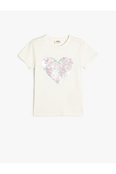 Koton T-Shirt Sequined Sequined Heart Crew Neck Cotton