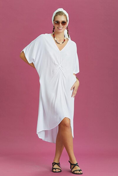 Los banditos Φόρεμα με λαιμόκοψη V με κόμπους μπροστινό λευκό μανίκι νυχτερίδας