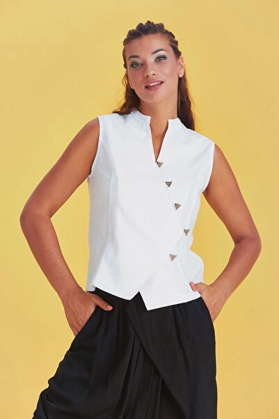 Los banditos Αυθεντική αμάνικη λευκή μπλούζα με λεπτομέρεια σταυρωτού κουμπιού