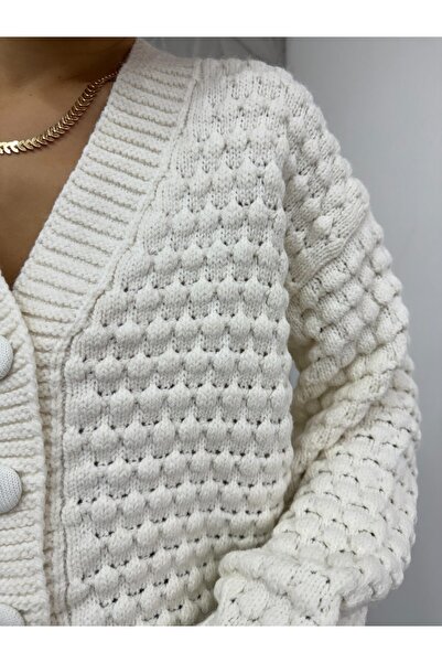 Modamorfo Embossed Knitted Buttoned Sweater Cardigan - Ecru