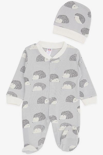 Breeze Baby Boy Booties Jumpsuit Hedgehog Patterned 0-3 Months-6 Months, Gray