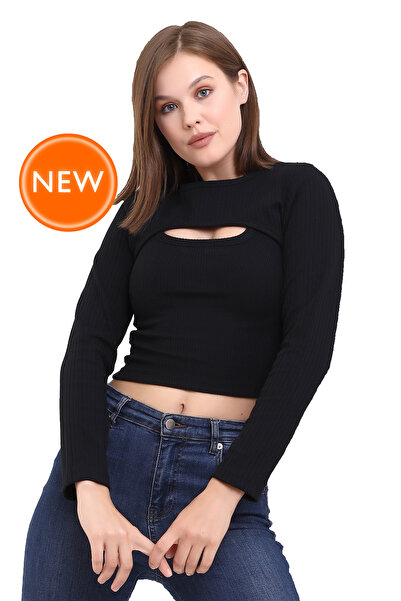 Şiir بدلة نسائية سوداء للخريف والشتاء مكونة من قطعتين، بلوزة وبلوزات محبوكة ر...